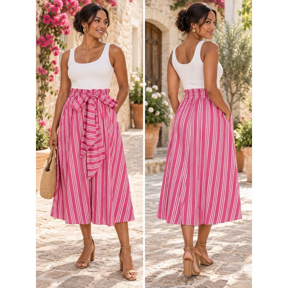Boden Pink White Striped A-Line Midi Skirt Tie Waist Pockets Lined